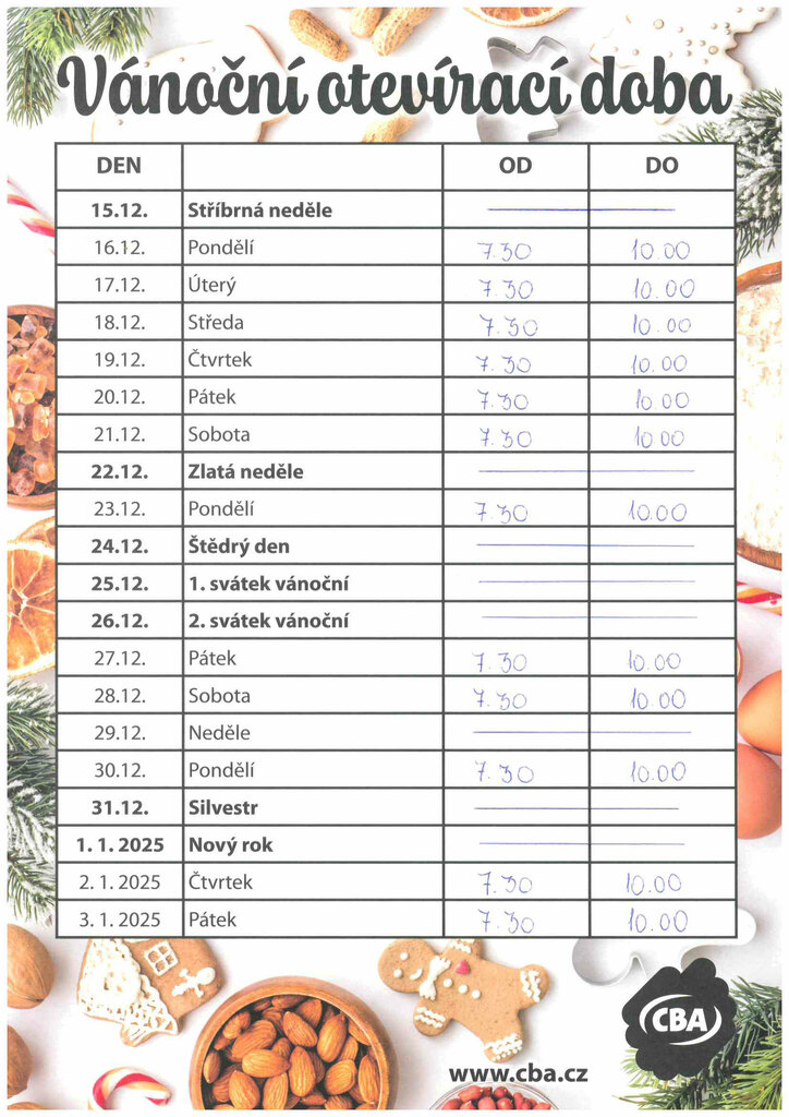 Otevírací doba vánoce2024